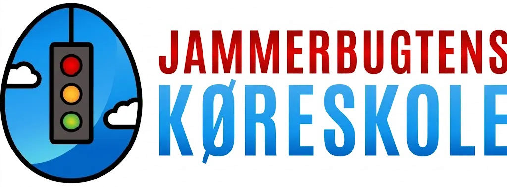 Jammerbugtens Køreskole - logo. Blåt æg med trafiklys og skyer på blå himmel bagved. Til højre for køreskolens navn JPG